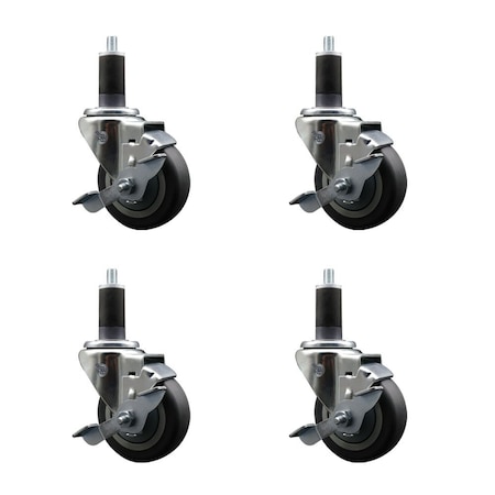 Service Caster 3.5'' Thermoplastic Rubber Swivel 1-1/4'' Expanding Stem Caster Set with Brake, 4PK SCC-EX20S3514-TPRB-TLB-114-4